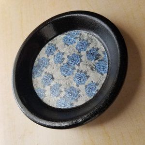 Blue Floral with Painted Black, Blue Trim 4.25 Inch Trinket Dish, Jewelry Tray